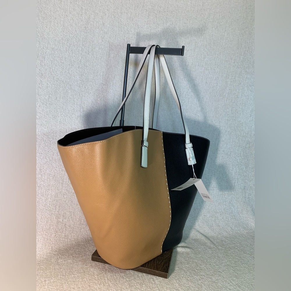 NEW Tory Burch McGraw Tiramisu Tan/Black Color Block Large Leather Tote Bag - Picture 4 of 14
